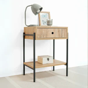 Mesa de Luz "ALVA" – Estilo Industrial con Cajón y Estantes 45 cm