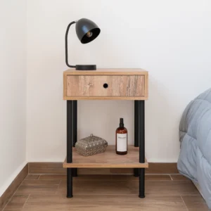 Mesa de Luz "LYSSET" – Industrial con Cajón y Estantes de Melamina y Hierro